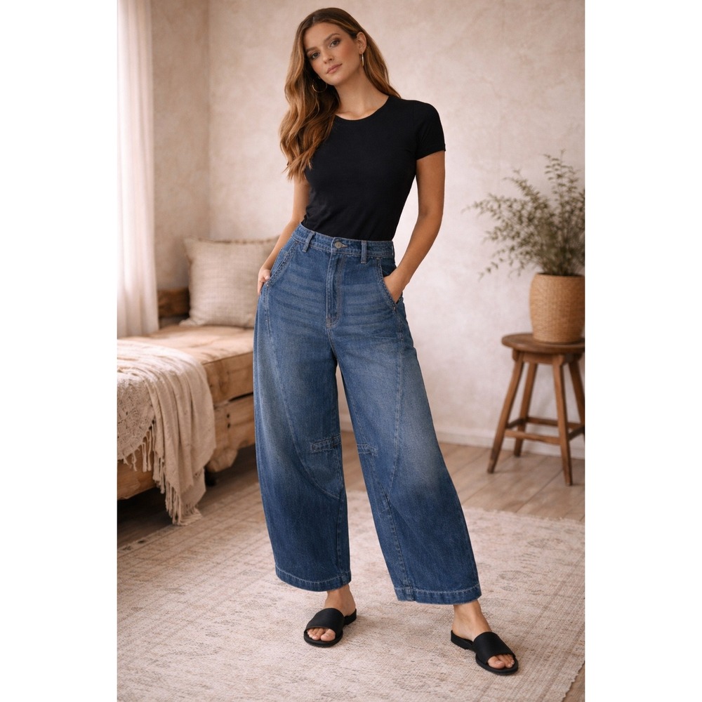 Pilcro and the Letterpress High Rise Barrel Wide Leg Jeans Blue Denim 28